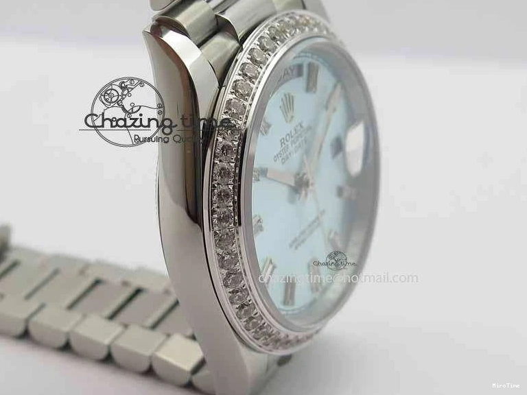 MiroTime 1218 Stylish Day Date 40mm SS BP Maker Best Edition Diamond Bezel Ice Blue Dial On SS Bracelet ETA 3699